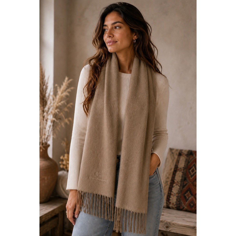 Alpaca Camargo OS Scarf Camel Tan Alpaca Blend Fringe Llama Embroidered Peru